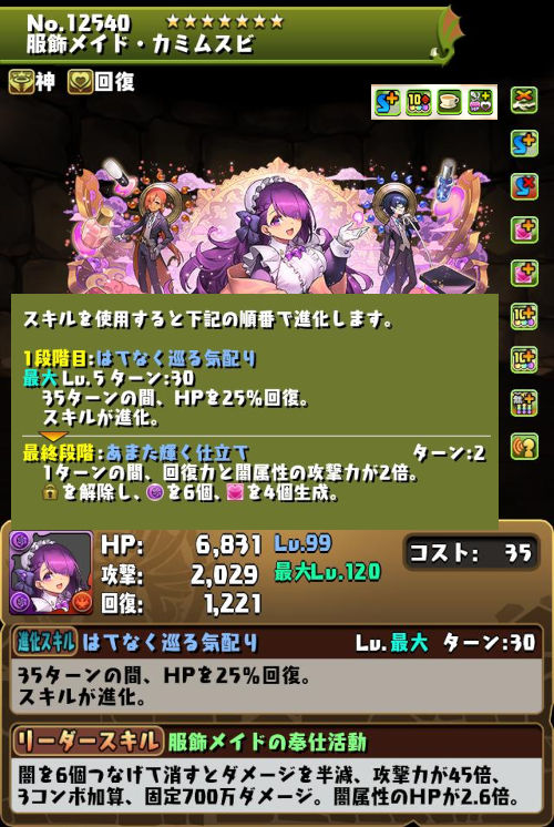 服飾メイド・カミムスビのステータス画面