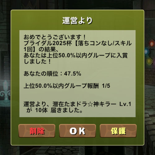 のっちのブライダル2025杯　47％フィニッシュ