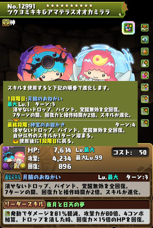 ツクヨミキキ＆アマテラスオオカミララのステータス画面